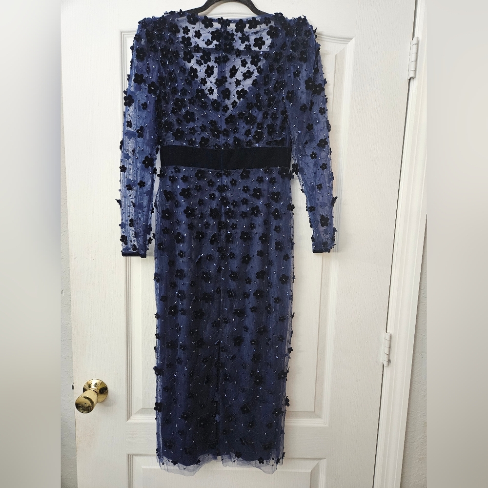 Mac Duggal Navy Embellished V Neck Illusion Long Sleeve Column Midi SZ 4 NWT - Picture 8 of 11